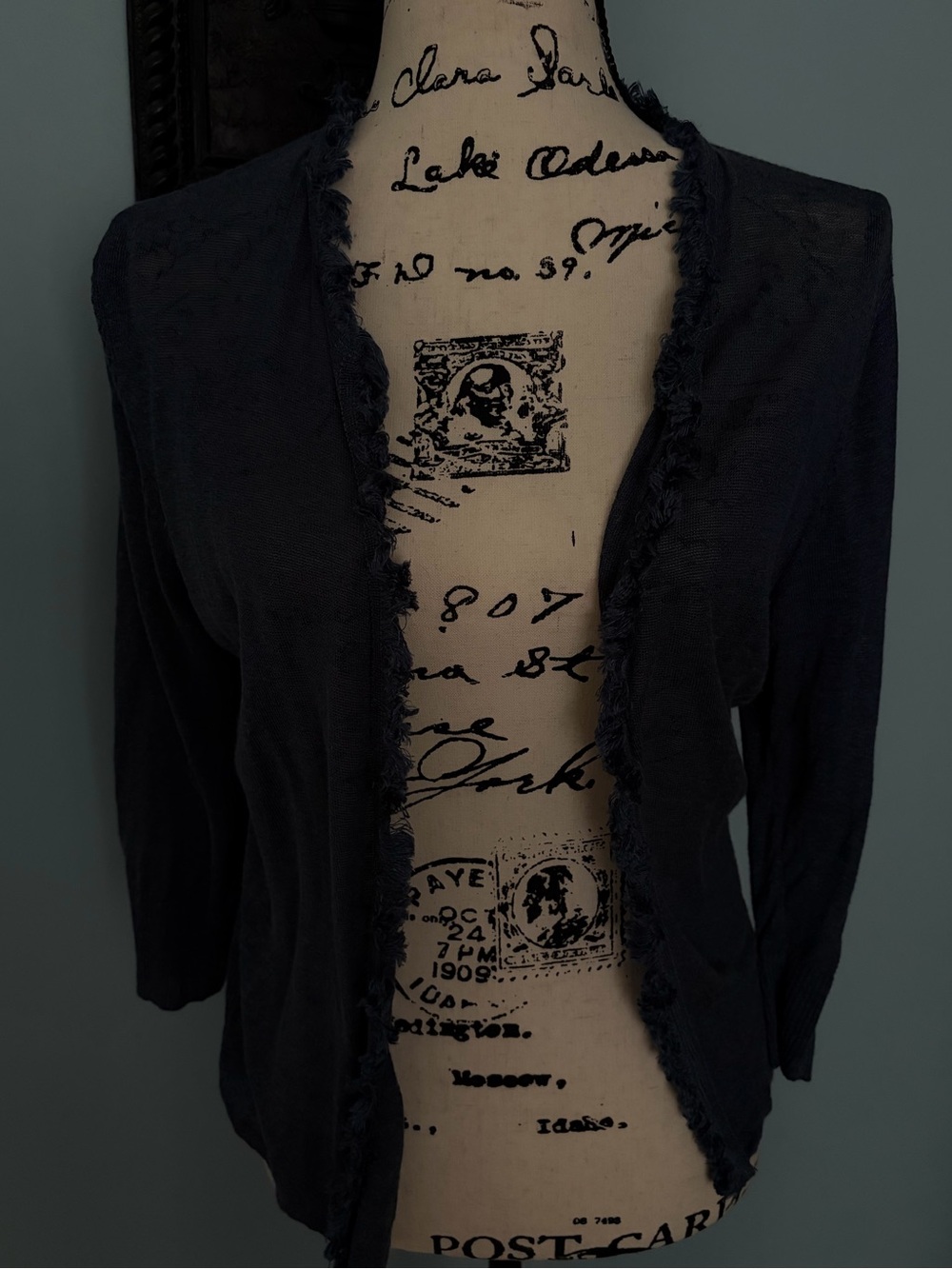 NIC+ZOE Frayed-Trim Open Front Cardigan - Navy